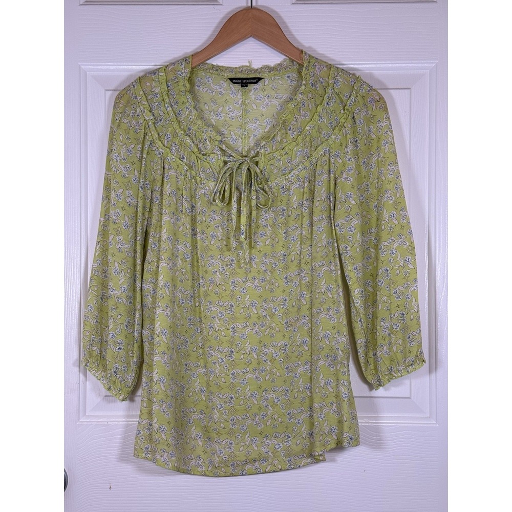 S Unique Spectrum Boho Cottage Floral Green Blue Peasant Top Casual Chic